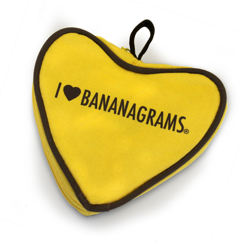Bananagrams game. Game in uellow heart bag with writing I <3 Bananagrams.
