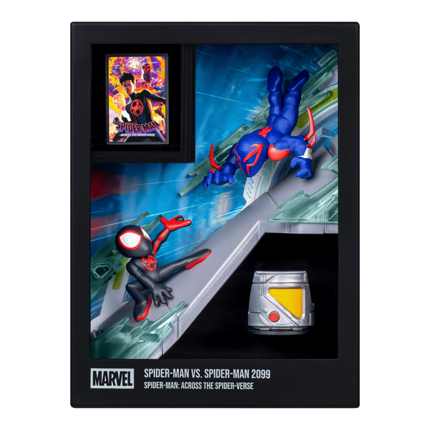 Spider-Man Vs Spider-Man 2099 figures in display box. Featuring a unique artifact as well as a spiderman comic book cover.