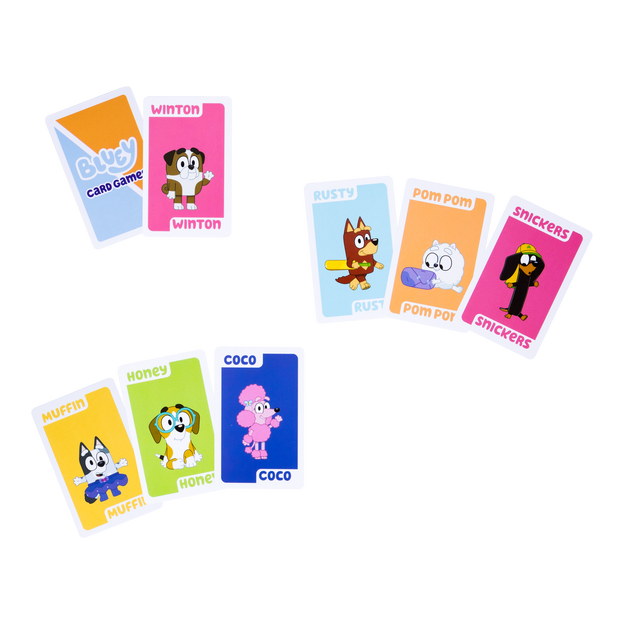 Bluey Go Fish Card Game cards. There are 8 different cards shown each with a different character and color.