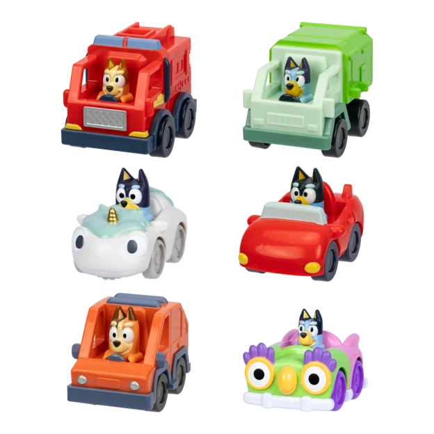 Collection of assorted Bluey mini racer toys.