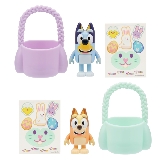 1 Bluey figure and 1 Bingo figure next to a blue and purple easter baskets and stickers.