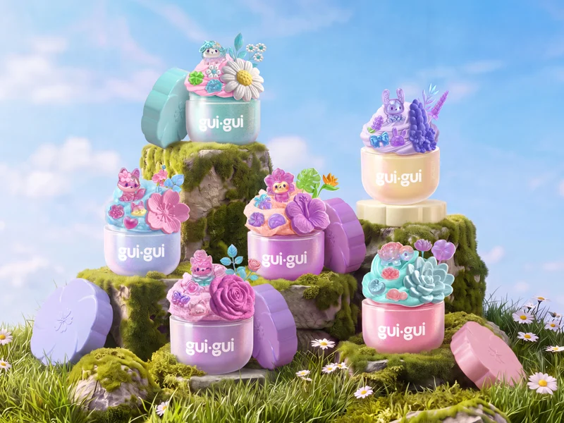 Collection of gui.gui slime containers decorated with charms and accessories in a fantasy garden scene