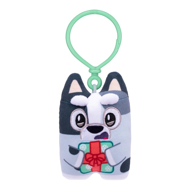 Bluey Biscuits Plush Single Pack Holiday hanging off green clip. 