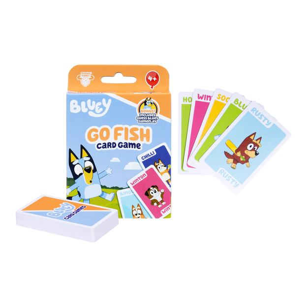 Bluey Go Fish Card Game. Shown in packaging as well as 5 cards shown to the right beside the box and a stack of cards shown to the left. 