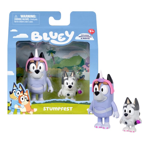 Bluey 2 figure set with Muffin and Stripe, next to packaging. 