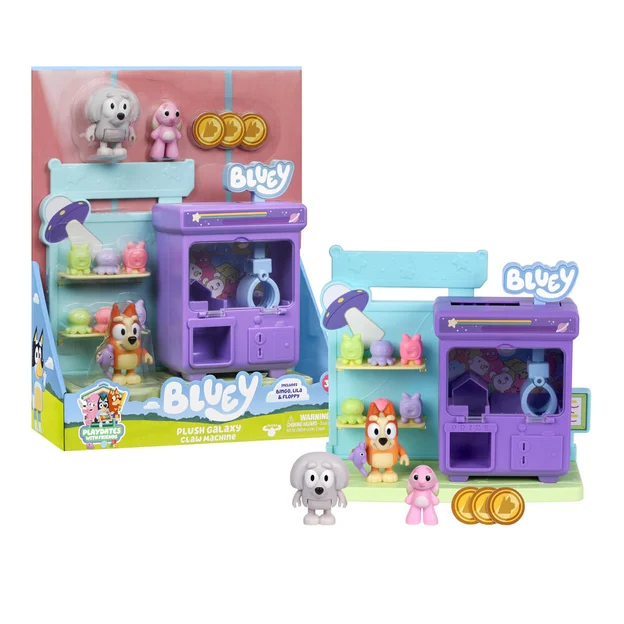 Bluey Mini Playset Claw with 2 Figures placed next to packaging.