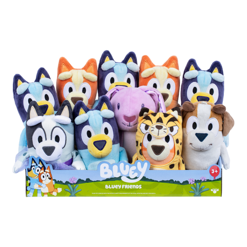 Ten assorted Bluey season 14 plush toys in a display box 