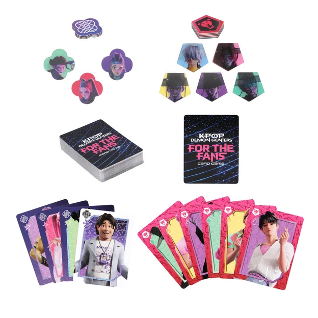 KPop Demon Hunters For the Fans card game with HUNTR/X and Saja Boys cards and character tokens.