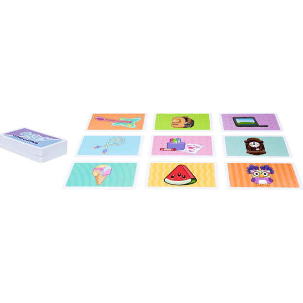 Bluey Charades Card Game displayed showing 9 different colored playing cards face up, as well as a stack of cards facing down on the left.