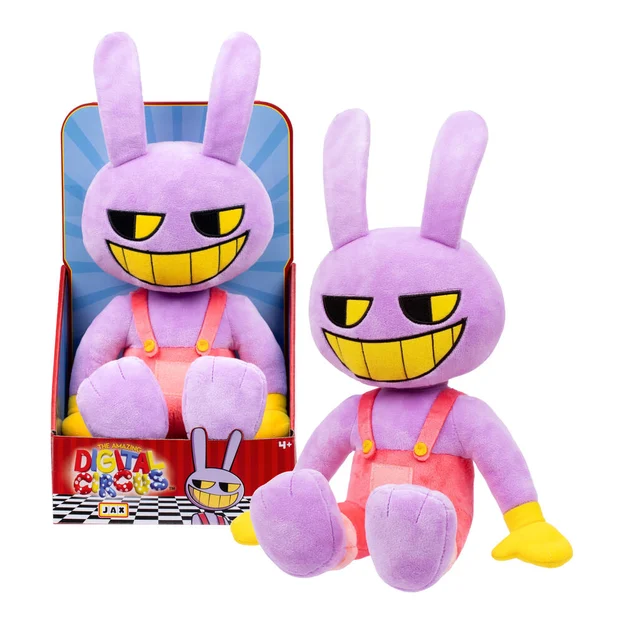 Amazing Digital Circus Large Plush Jax sitting next to boxed package.