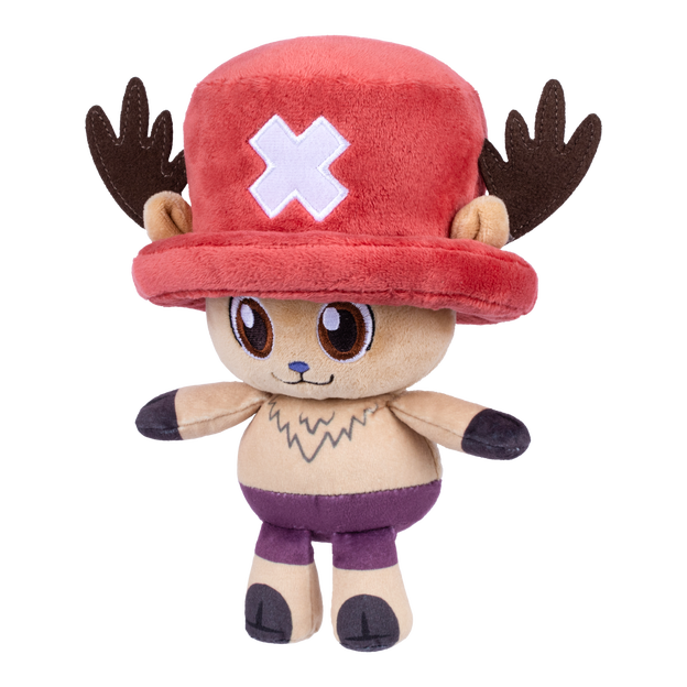 Close up of Chopper plushy facing slightly to the left. He has a big red hat on.