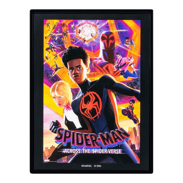Spiderman comic book cover. It has a futuristic vibe to the image, Featuring bright purple and orange colors.
