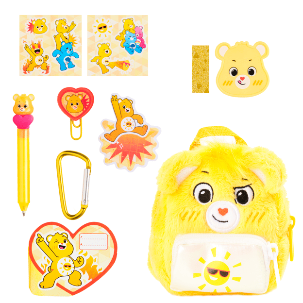 Care bears bag and stationary kit. The items include notepads, pen, keychain, etc. All the items are yellow themed with care bear characters on them.