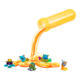 Orange test tube pouring out swarms in orange solution.