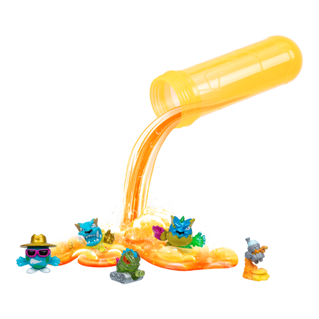 Orange test tube pouring out swarms in orange solution.