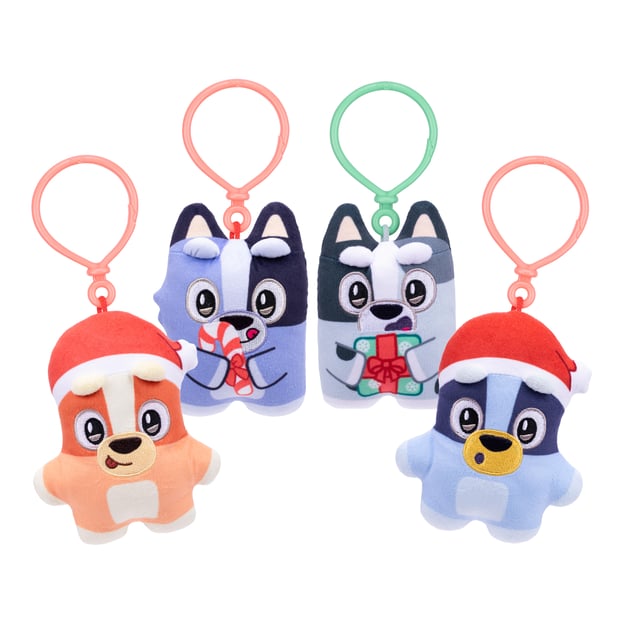 Four assorted Bluey Biscuits Plushes Single Pack, Christmas Holiday edition.