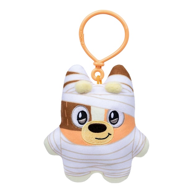 Chilli from Bluey mini plush hanging off an orange bag clip.