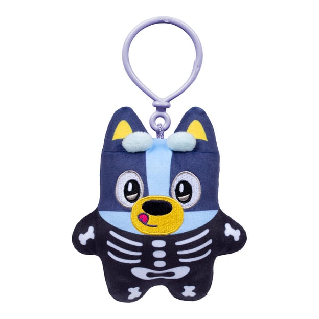 Bluey Halloween plush hanging from white clip. 