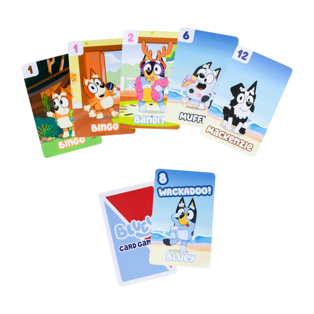Display of 8 different Bluey Crazy 8's Card game cards. Each with a different character and number on them.