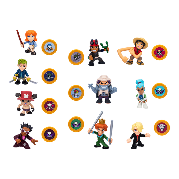 Display of 10 mini action figures each beside their own badge.