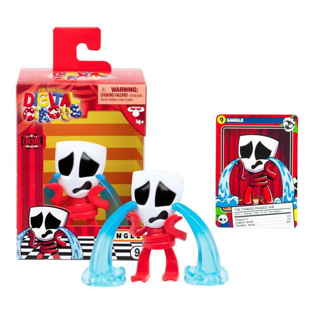 The vinyl figure of Gangle from the Amazing Digital Circus in front of the packaging and collector card