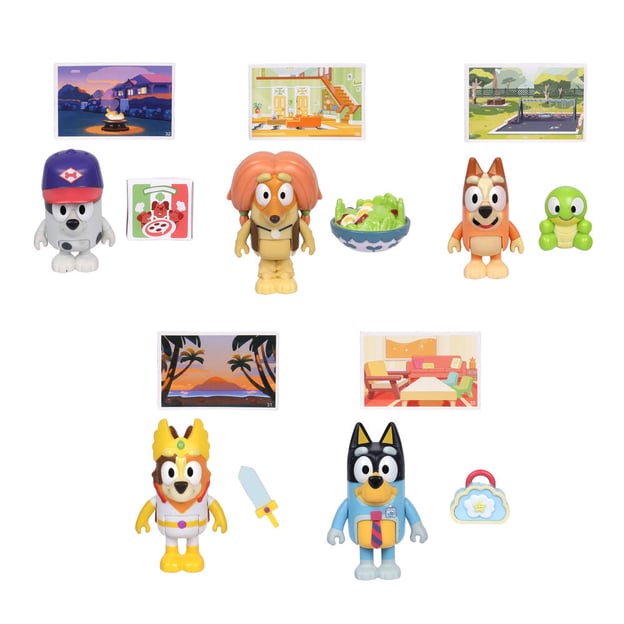Bluey Story Starter Pack Group shot of figures and accessories. 