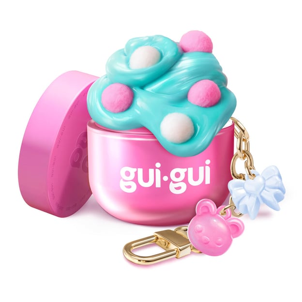Pink Gui Gui mini jar open with blue slime mixed with white and pink pearls. 