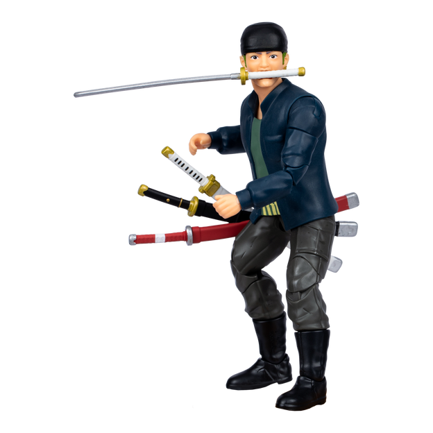 Close up of One Piece Action Figure Zoro, he is holding 3 swords in between his legs and one in his mouth.