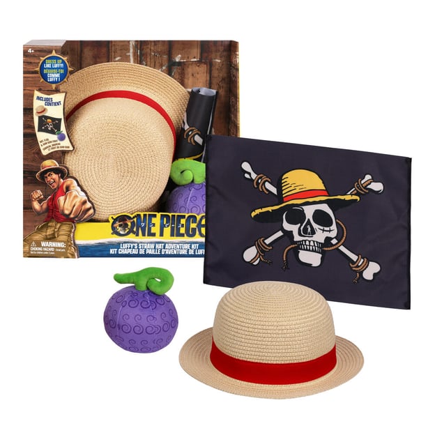 Luffy's straw hat and accessories next to packaging. 