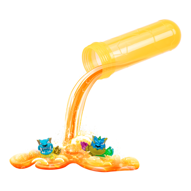 Orange test tube pouring out orange liquid and two MrBeast Lab Swarms characters from midair. 
