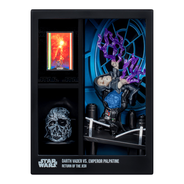 Darth Vader Vs Emperor Palpatine figures in display box. Featuring a skull and comic book cover.