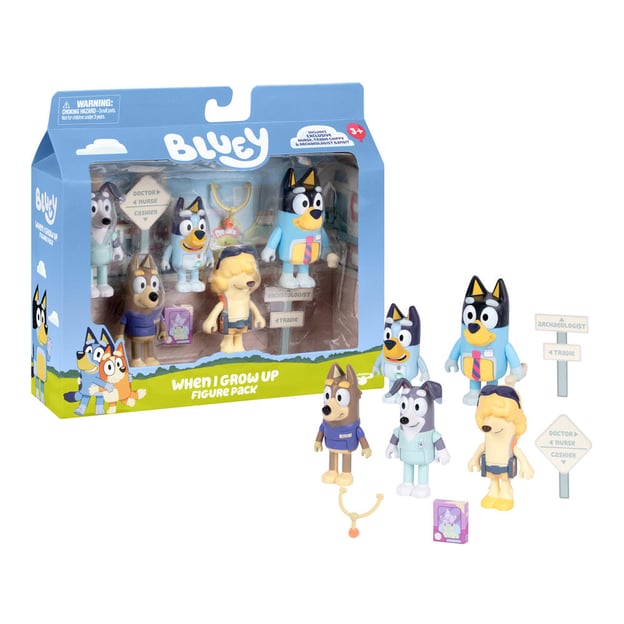 Five assorted Bluey Dream Jobs Figures next to boxed packaging. 
