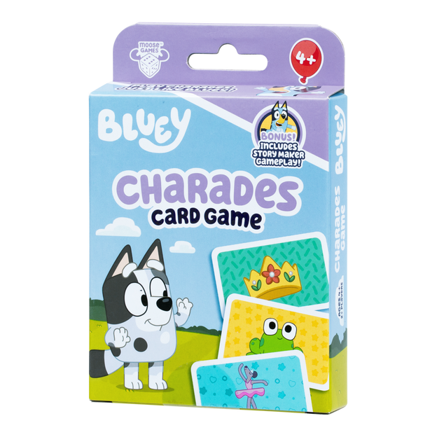 Close up of Bluey Charades Card Game shown in blue and purple packaging.