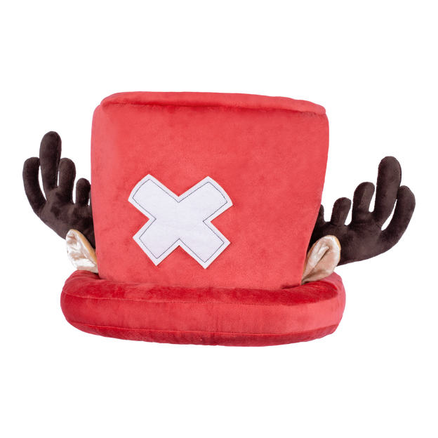 Close up of Chopper's red top hat plush toy. It has antlers and ears on it.