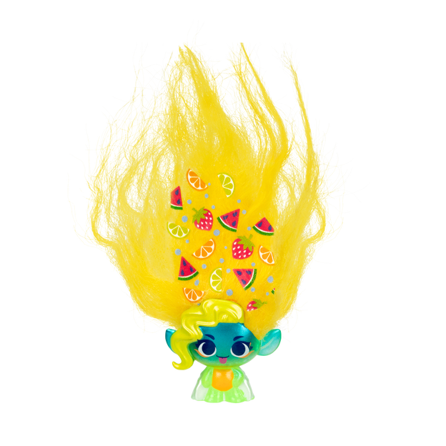 Trolls Figurine with Fluffy bright yellow hair standing up.