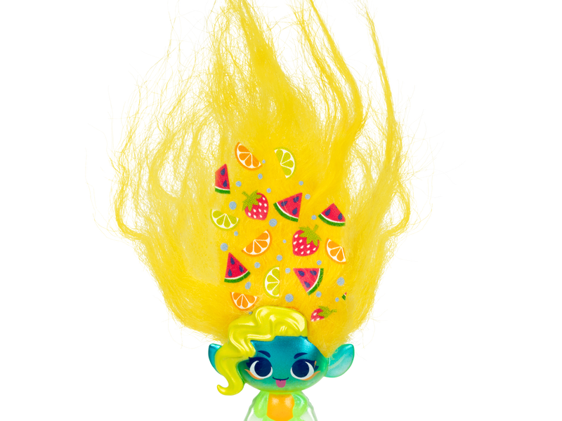 Trolls Figurine with Fluffy bright yellow hair standing up.