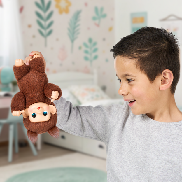 Boy holding his brown mini monkey toy by its feet. 