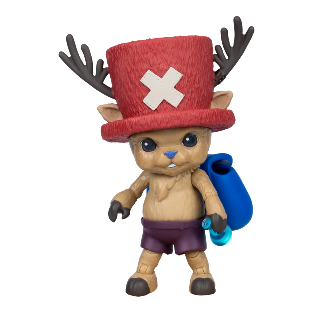 Close up of One Piece Action Figure Chopper, he has on a blue back pack and a red top hat.