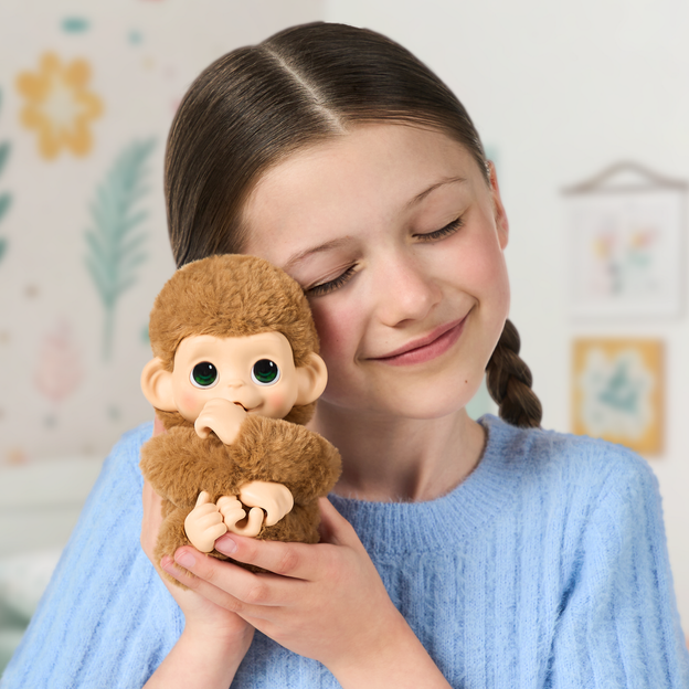 Girl holding her light brown mini monkey in her hands pressed against her cheek. 