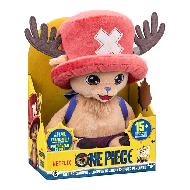 One Piece Sound effect plush toy chopper in packaging facing towards right.
