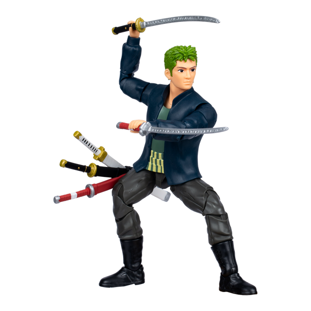 Close up of One Piece Action Figure Zoro. He is holding a sword in each hand and has 3 swords on his hip.