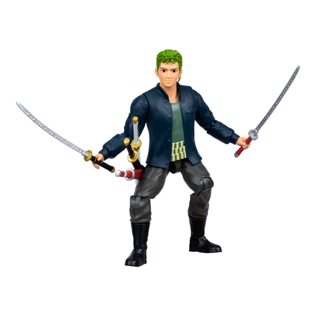 Close up of One Piece Action Figure Zoro facing the front. He is holding 2 swords and has 3 swords on his hip.
