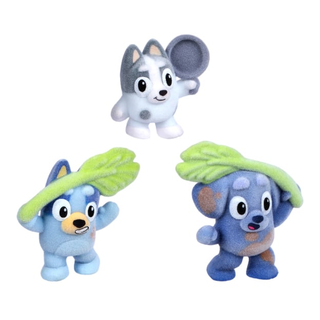 Set of 3 Fuzzy Bluey characters from the camping collection.