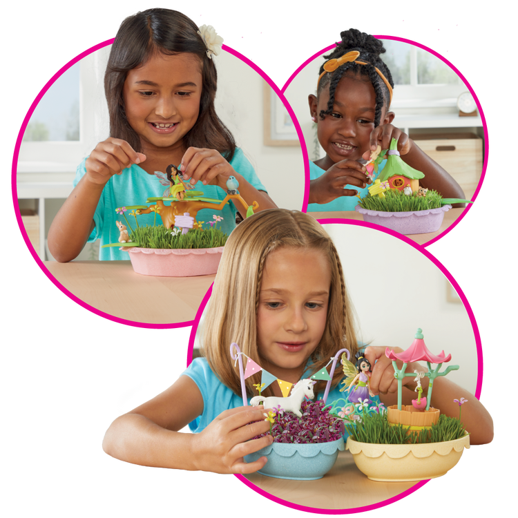 3 young girls placed in floating bubbles, playing with My Fairy Garden.