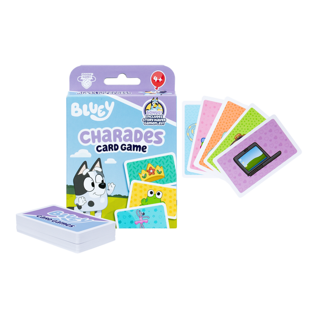Bluey Charades Card Game shown in packaging as well as 5 different colored playing cards shown outside of packaging.