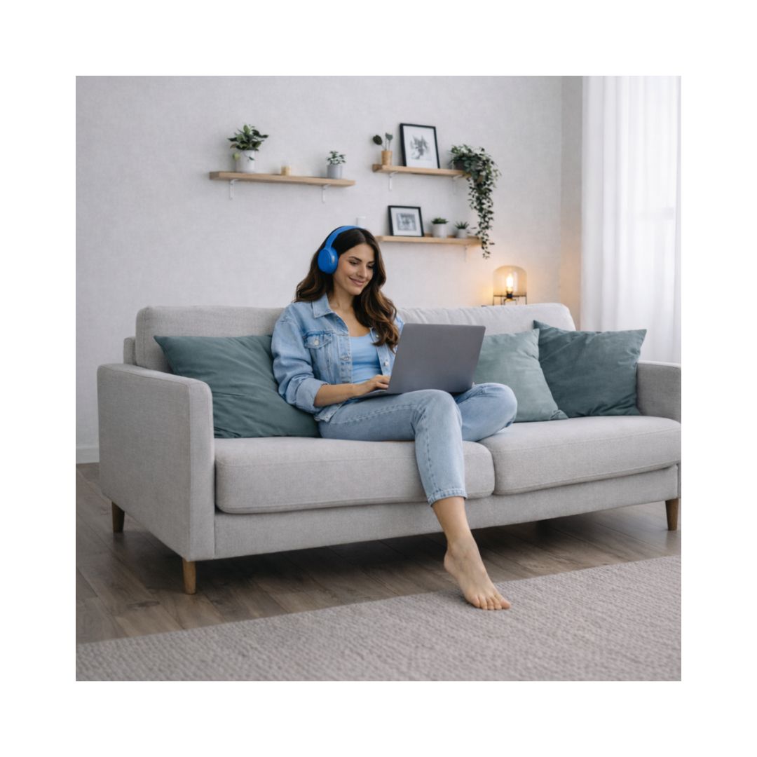 mujer sentada en su sala aprendiendo inglés en plataforma de autoestudio en su laptop