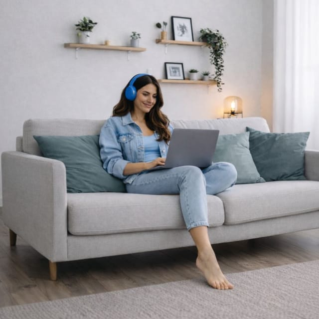 mujer sentada en su sala aprendiendo inglés en plataforma de autoestudio en su laptop