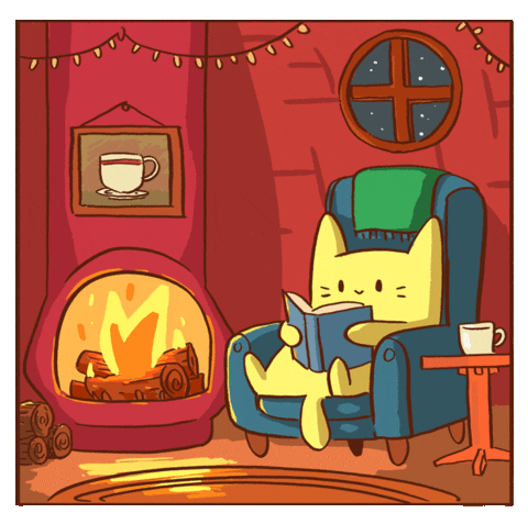 un gato sentado junto a la chimenea leyendo un libro