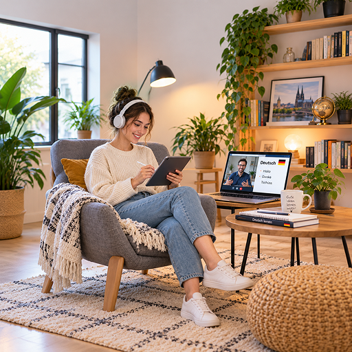 Hombre usando Berlitz Flex para estudiar idiomas a su ritmo y tomar clases privadas en vivo con instructor.