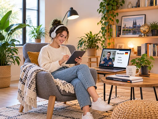 Hombre usando Berlitz Flex para estudiar idiomas a su ritmo y tomar clases privadas en vivo con instructor.